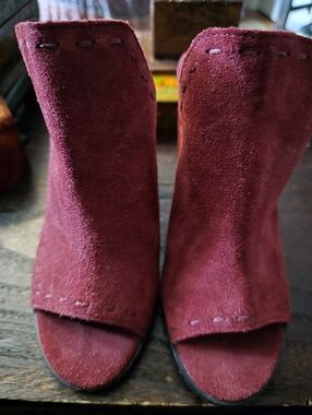 Chelsea & Violet Burgundy Suede Open-Toe Mule Booties